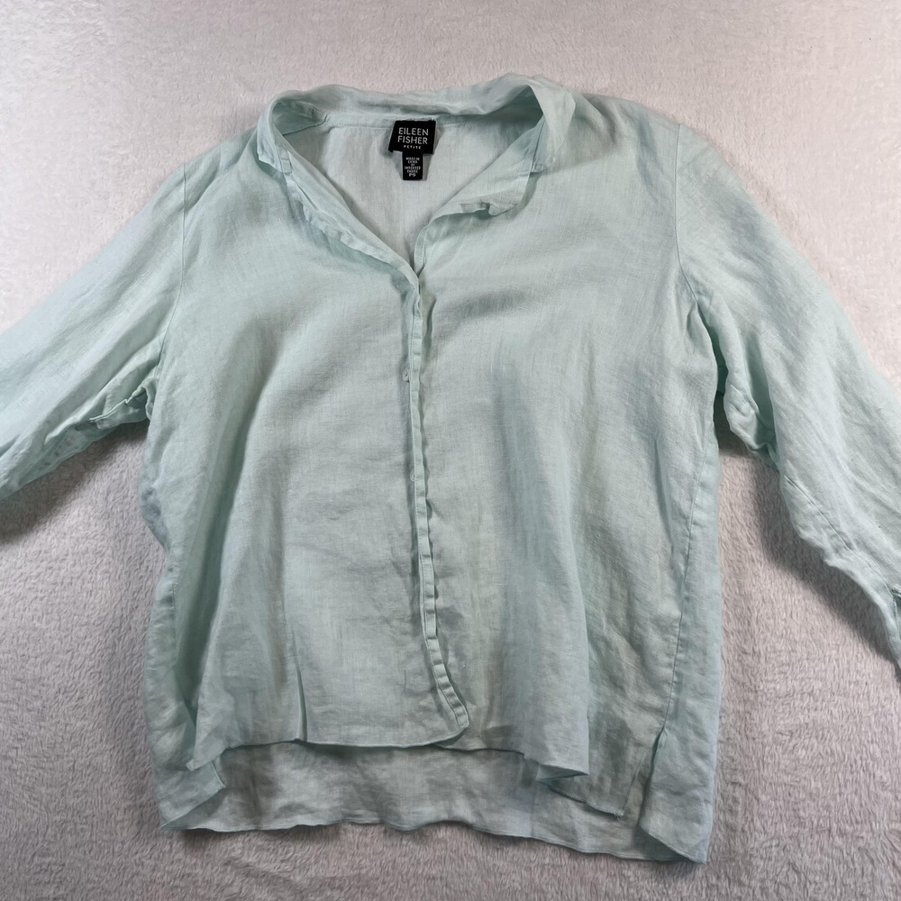 Eileen Fisher‎ Blouse Womens PS Green 100% Irish Linen 3/4 Sleeve Tunic Top